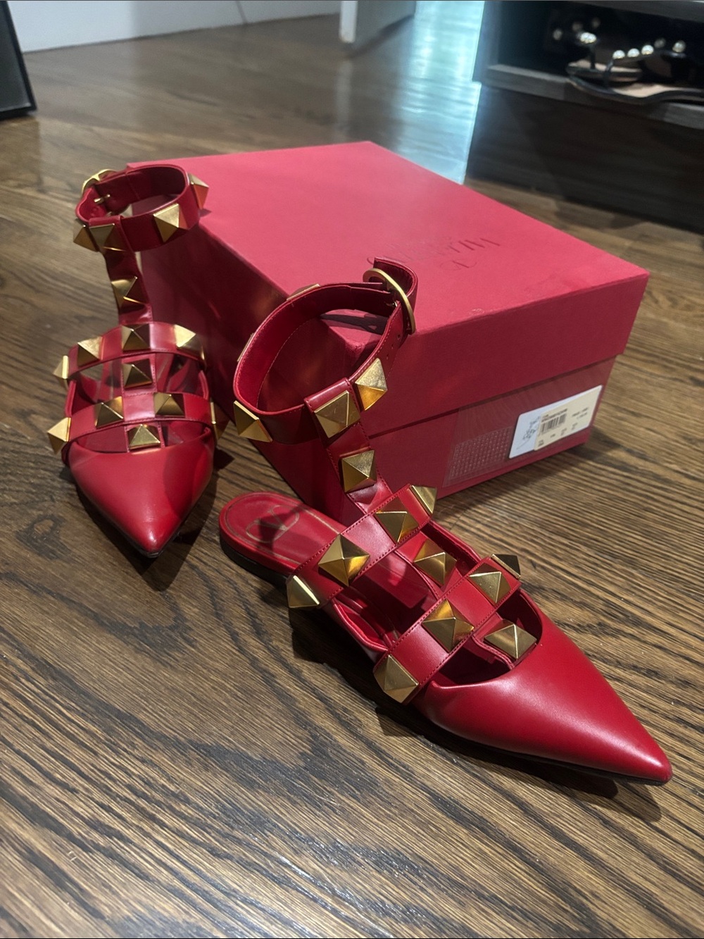 Valentino (Sz 37) Red Studded Pointed-Toe Flat Sandals - Women's